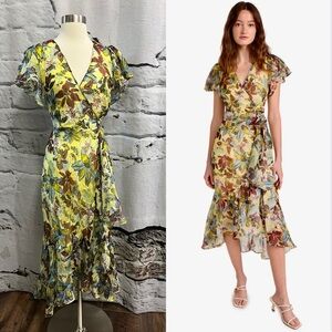 Tanya Taylor Blaire Linen Silk Midi Dress Ruffle Floral Gauze Summer Romantic‎
